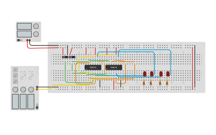Circuit design 4 bit ring counter - Tinkercad