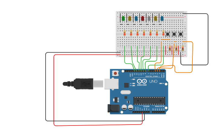 Circuit design Realizar un circuito secuencial de 7 leds | Tinkercad