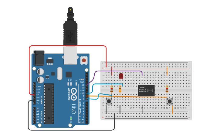 Circuit design Copy of Rele con Leds pulsador | Tinkercad