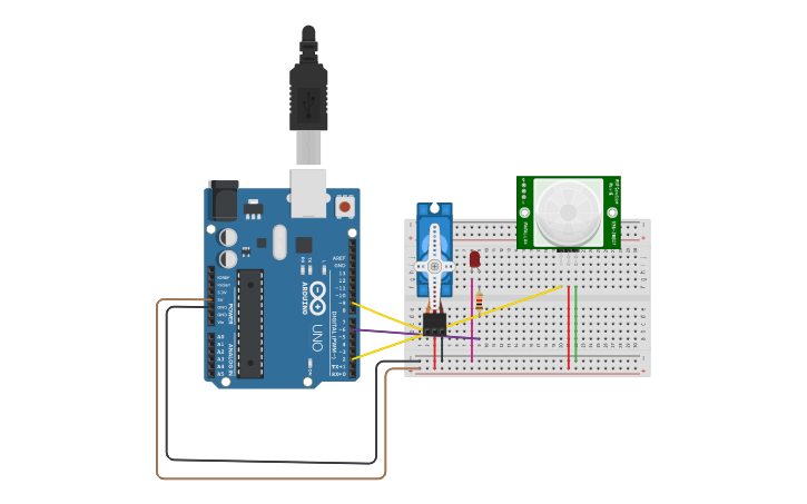 Circuit design PIR sensor and servo motor - Tinkercad