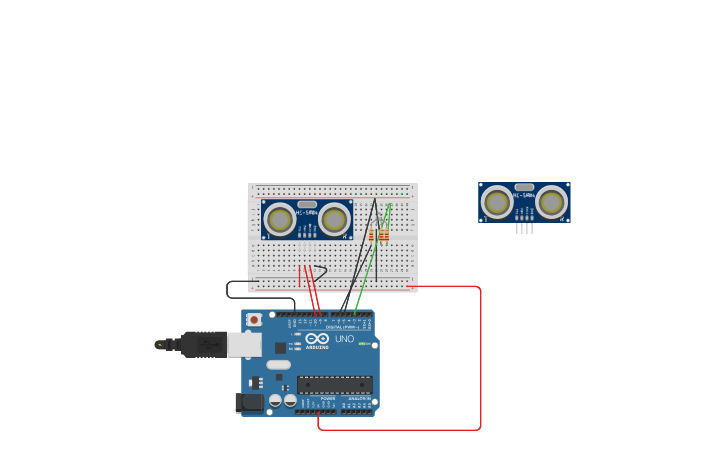 Circuit design Ultrasonic Distance sensor with LED RGB - Tinkercad