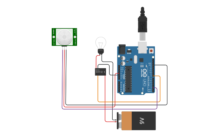 Circuit design Acionamento de lâmpada por sensor PIR - Tinkercad