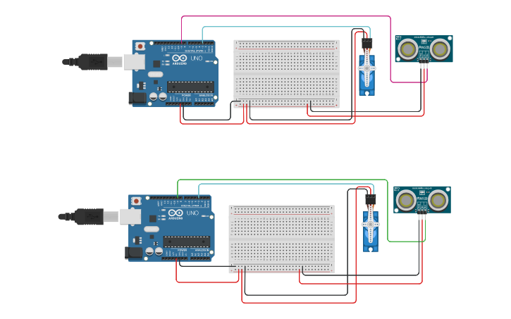 Circuit design Ultrasonic sensor + Servo Motor - Tinkercad
