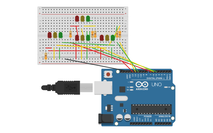 Circuit design Traffic light intersection | Tinkercad