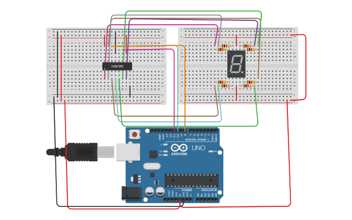 Circuit design Rejestr przesuwny (7 segmentowy) - Tinkercad