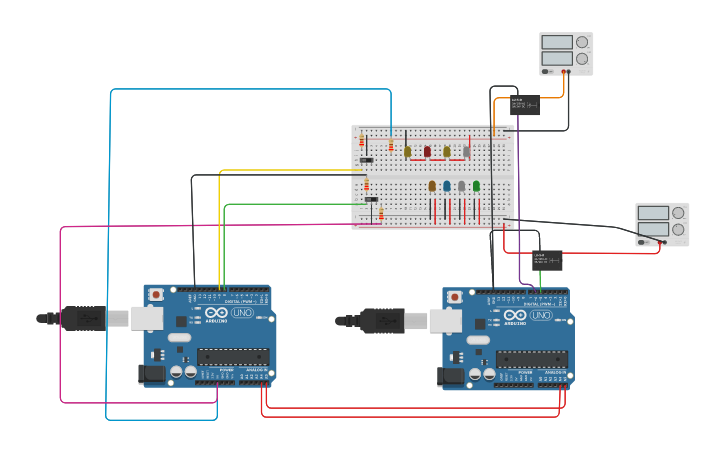 Circuit design SEMANA_11 2 ARDUINOS , RELE, 2 SUMINISTREOS DE ENERGIA ...