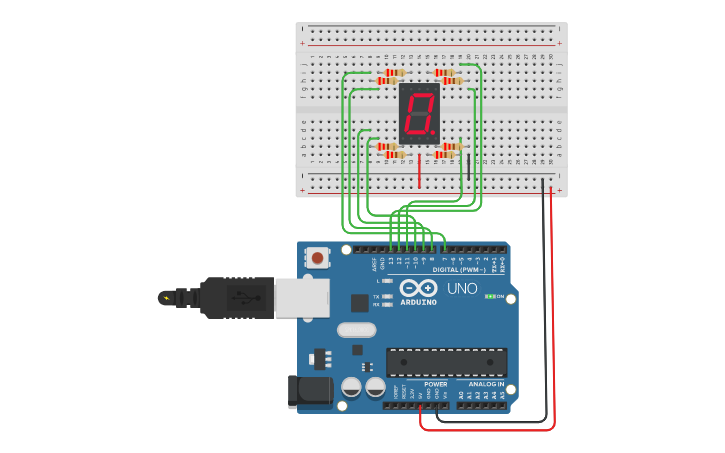 Circuit design 7 segment (common anode) START | Tinkercad