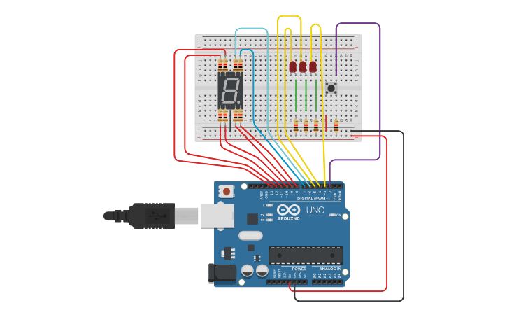 Circuit design LED & 7 segment | Tinkercad