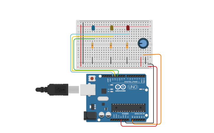 Circuit design Comenzando con un Arduino 3 LED un potenciómetro y ...