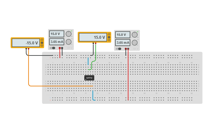 Circuit design Actividad 1 - Práctica 3. Fuente Bipolar - Tinkercad