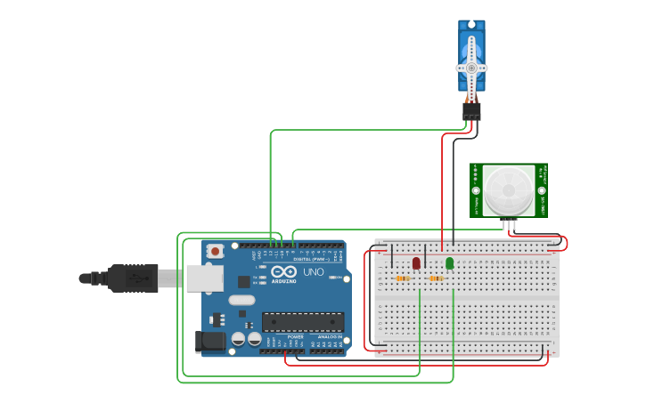 Circuit design PRACTICA 1. PUERTA CON SENSOR DE PRESENCIA - Tinkercad