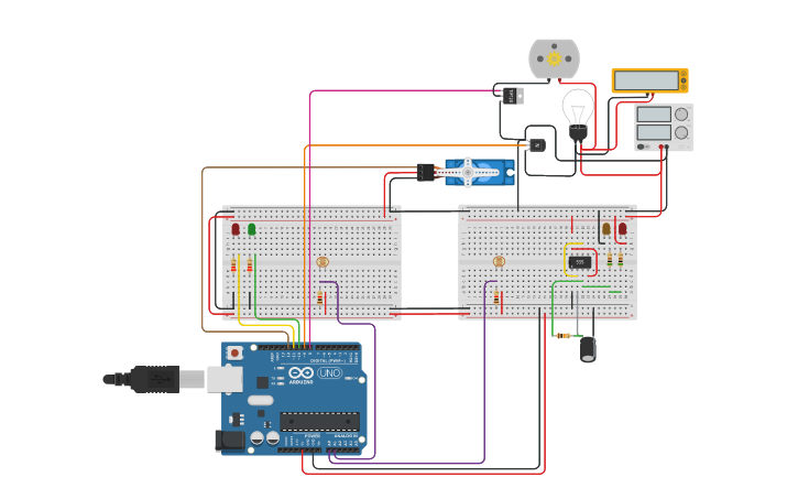 Circuit design Railway crossing with photo resistors - Tinkercad