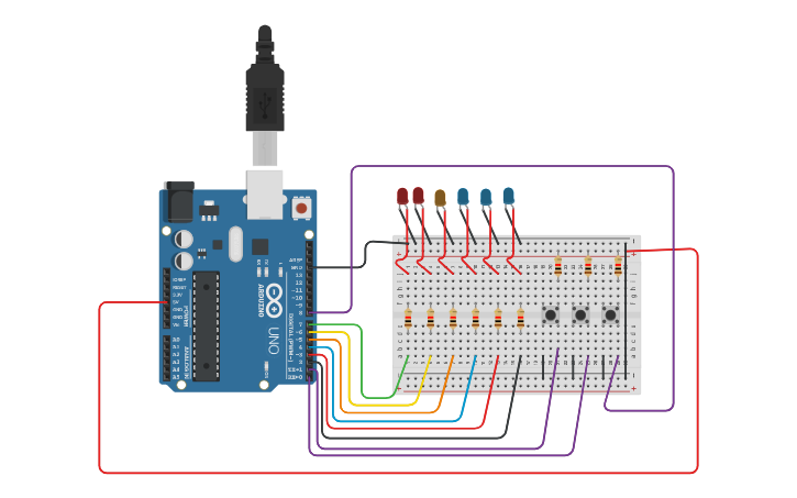 Circuit design Circuito 3 pulsadores con leds - Tinkercad