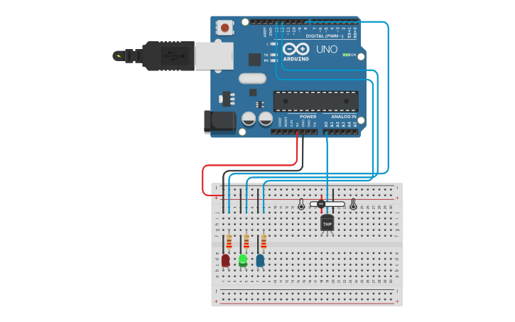 Circuit design Temperature sensor with led lights - Tinkercad