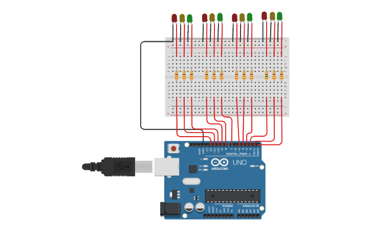 Circuit design traffic light 4 way - Tinkercad