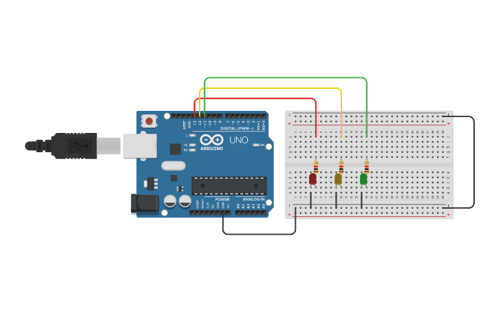 Circuit design semáforo con tres LEDs (verde, rojo y amarillo) - Tinkercad