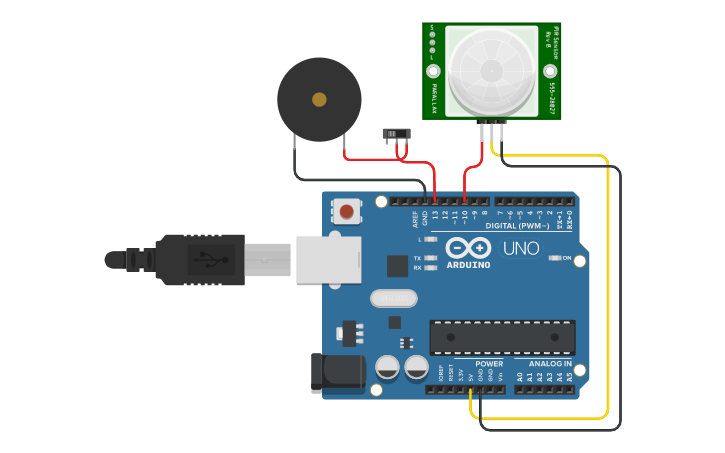 Circuit design PIR Sensor - Piezo Buzzer Alarm - Tinkercad