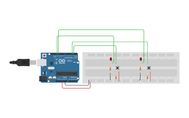 Circuit design es con due pulsanti on-off e 2 led | Tinkercad