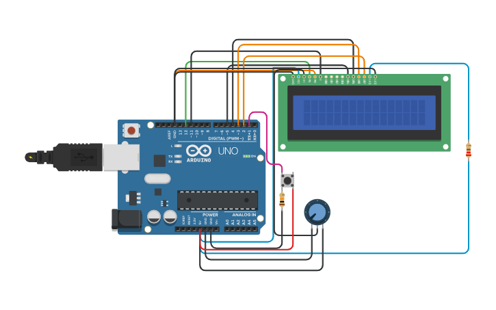 Circuit design Push button counter - Tinkercad