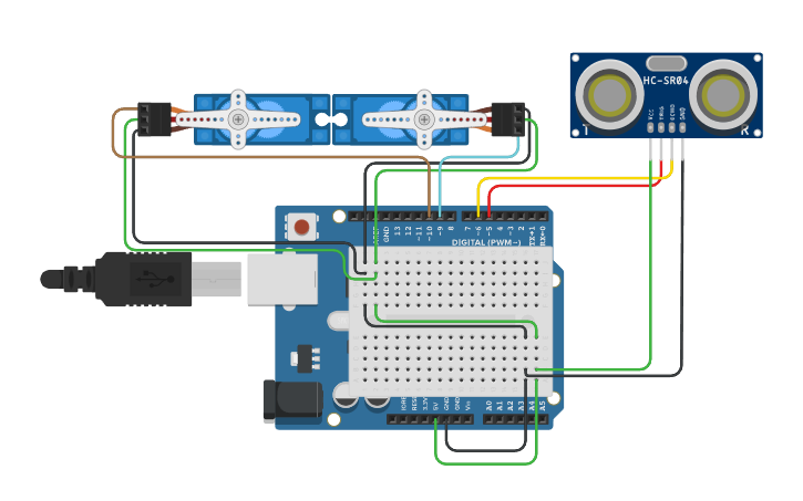 Gate Using Ultrasonic Sensor Circuit design Ultrasonic Sensing Gates - Tinkercad