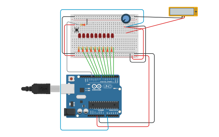 Circuit design Serie led con pulsador y potenciómetro - Tinkercad