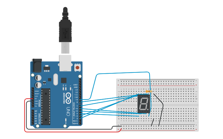 Circuit design 7 Segment LED - Tinkercad
