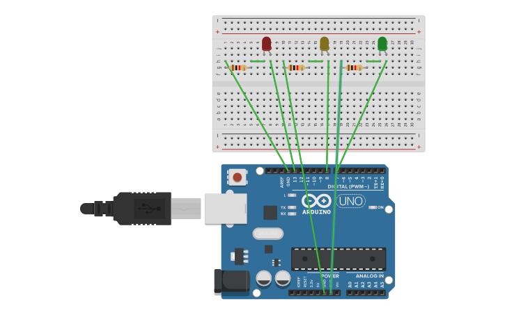 Arduino Tri Color Led Lesson Circuit design Arduino (3 LEDs with a variable) - Tinkercad
