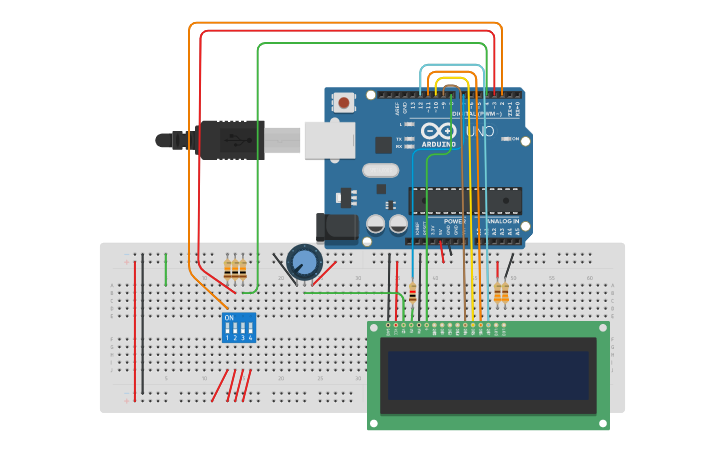 Circuit design Sesion 23 Dipswitch con LCD | Tinkercad