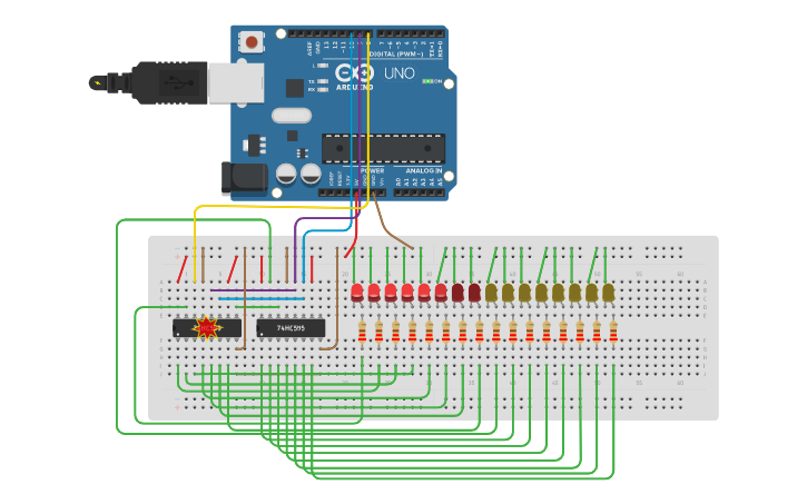 Circuit design Arduino e 74HC595 Sequencial - Tinkercad