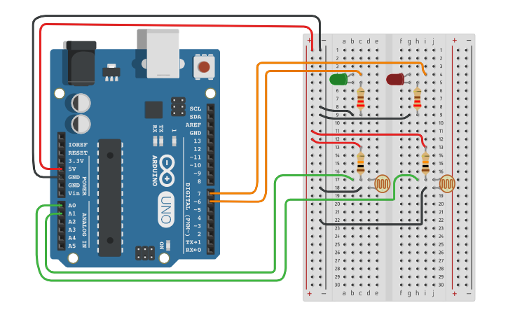 Circuit design 2 LDR et deux résistances - Tinkercad