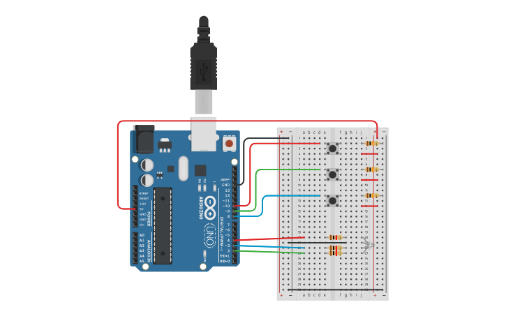 Circuit design 3 button RGB LED - Tinkercad