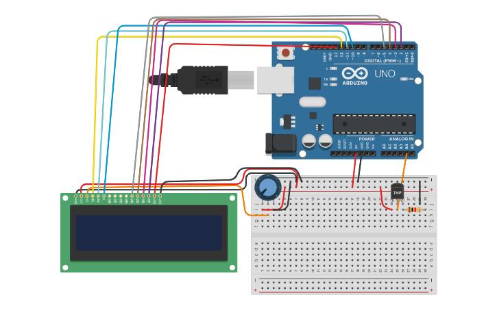 Circuit design ЖК экран + термистер - Tinkercad