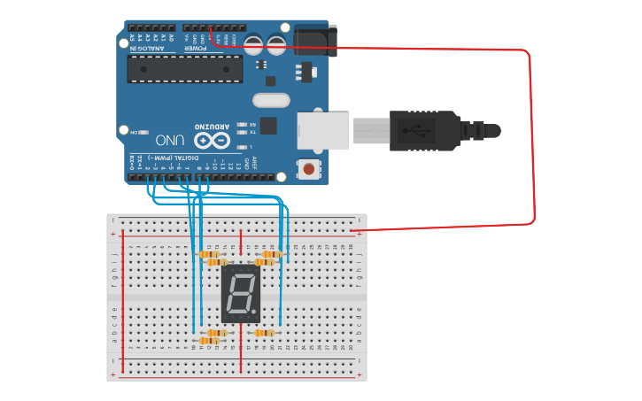 Circuit design 7 segment LED - Tinkercad