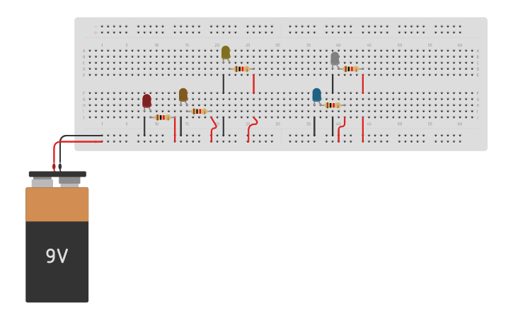 Circuit design 4 Protoboard e LED | Tinkercad