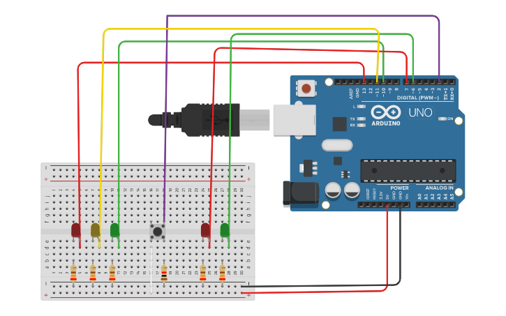 Circuit design Sistema de semáforo vehicular y peatonal - Tinkercad