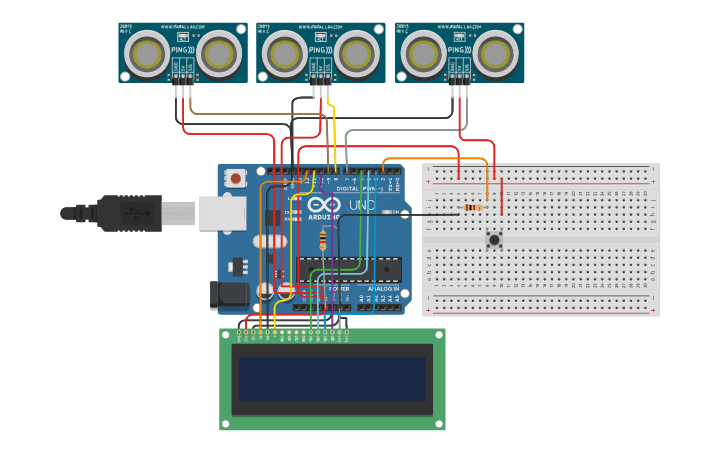 Circuit design Tre sensori ad ultrasuoni | Tinkercad