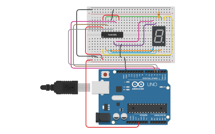 Circuit design 74HC595N 7-Seg 배열 - Tinkercad