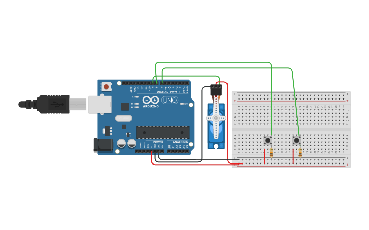 Circuit design Arduino - Servo com 2 botões - Tinkercad