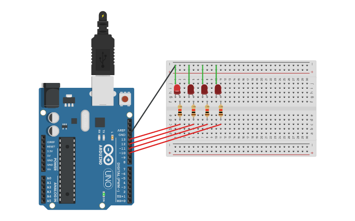 Circuit design Secuencia de 4 LED - Tinkercad