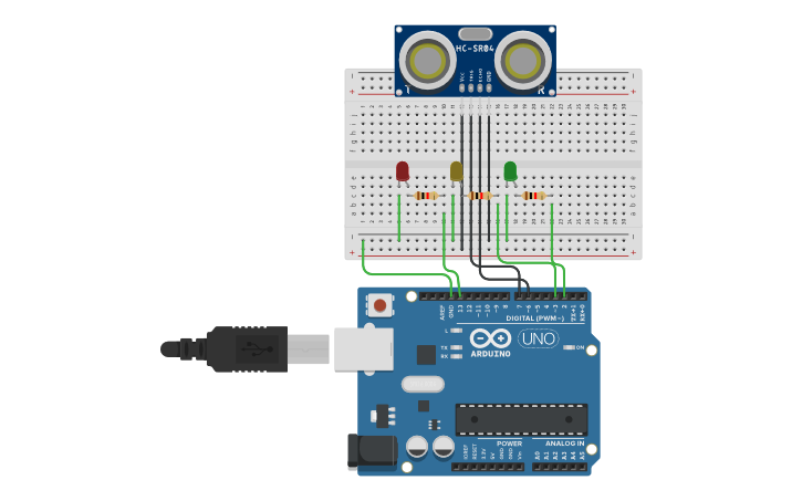 Circuit design ULTRASONIC SENSOR WITH LED - Tinkercad