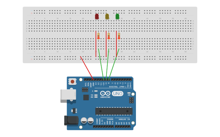 Circuit design Traffic Light signal using 3 LEDs - Tinkercad