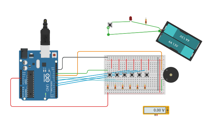 Circuit design piano (pull down resistor push) | Tinkercad