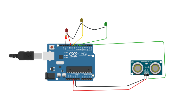 Circuit design sensor ultrasonico led - Tinkercad