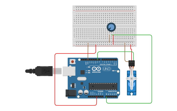 Circuit design Сервопривод с потенциометром | Tinkercad