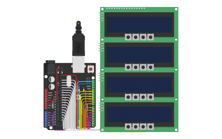 Circuit design 4 LCD DISPLAYS = 16 PUSH BUTTONS - Tinkercad