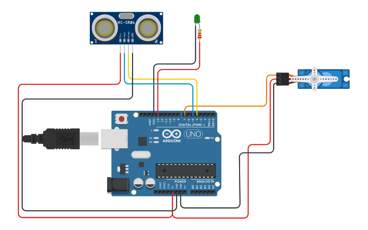 Circuit design Abrindo Cancela com Sensor de Distãncia - Tinkercad