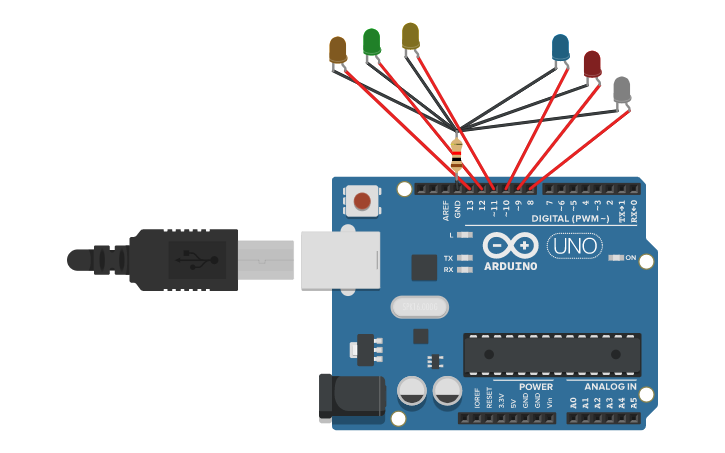 Circuit design 6 LEDs blinking | Tinkercad