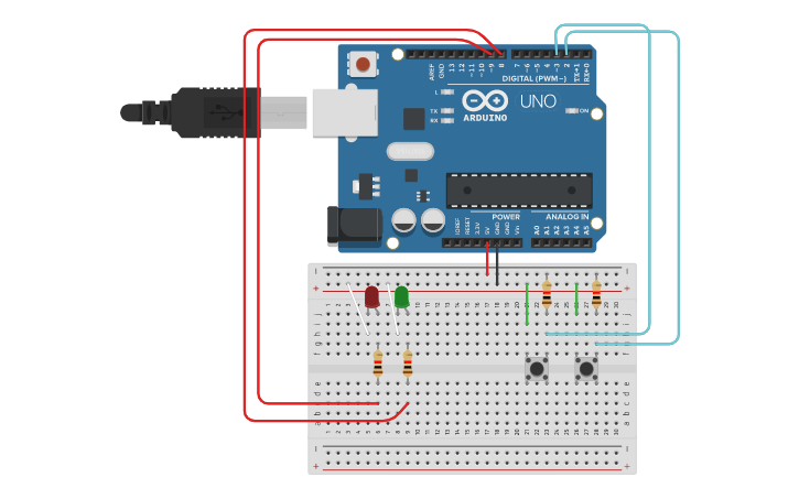 Circuit design 2 pulsadores y 2 LED conectados a la placada Arduino ...