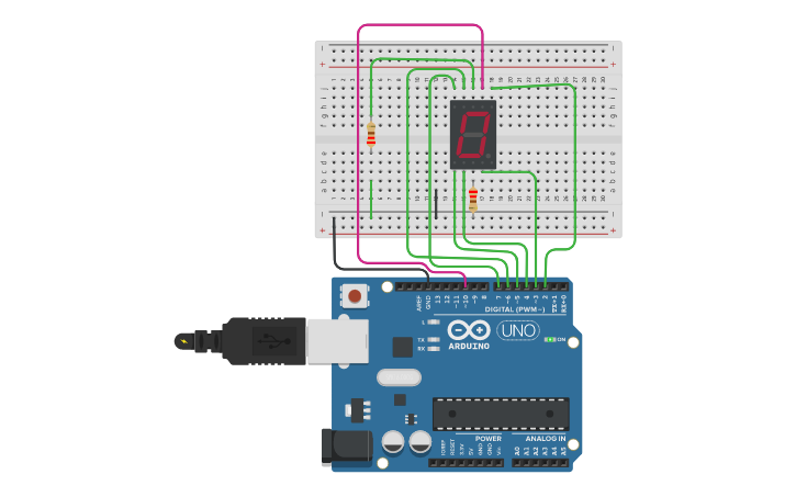 Circuit design 7-2 Afficheur 7 segments avec entrée 0-8 | Tinkercad