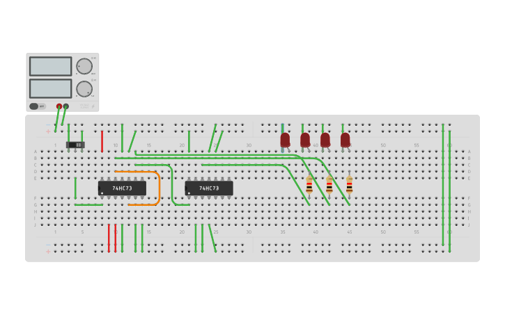 Circuit design 3 bit ripple counter - Tinkercad